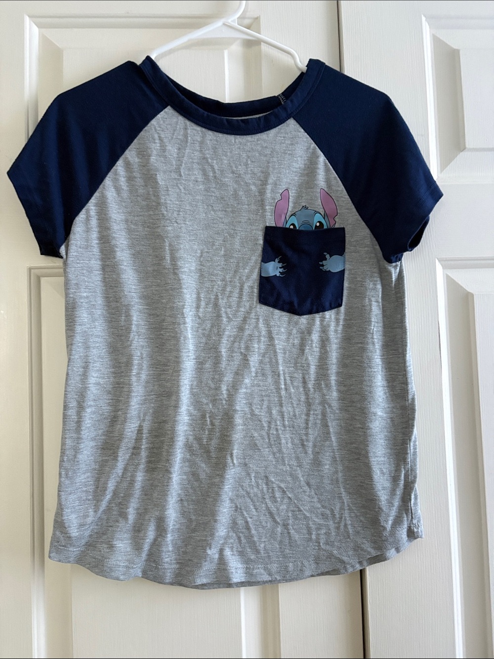 Disney Girls Grey Tee with Navy Raglan Sleeves & Stitch Pocket
